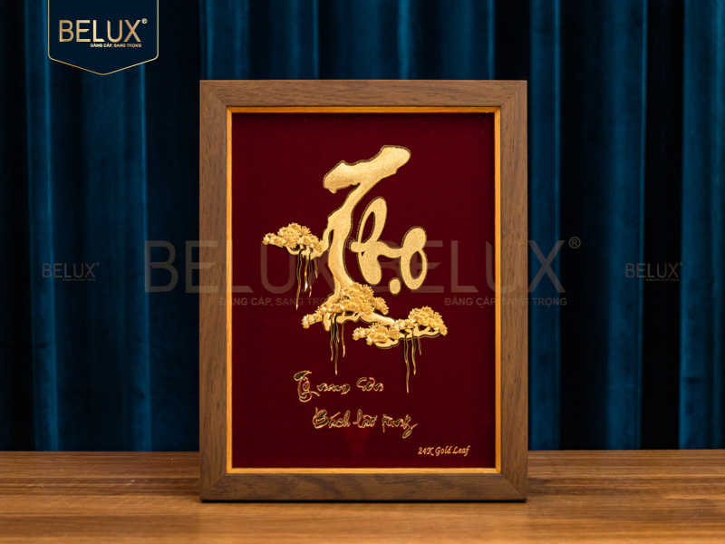 Tranh chữ Thọ thư pháp dát vàng 24k - 32x25cm